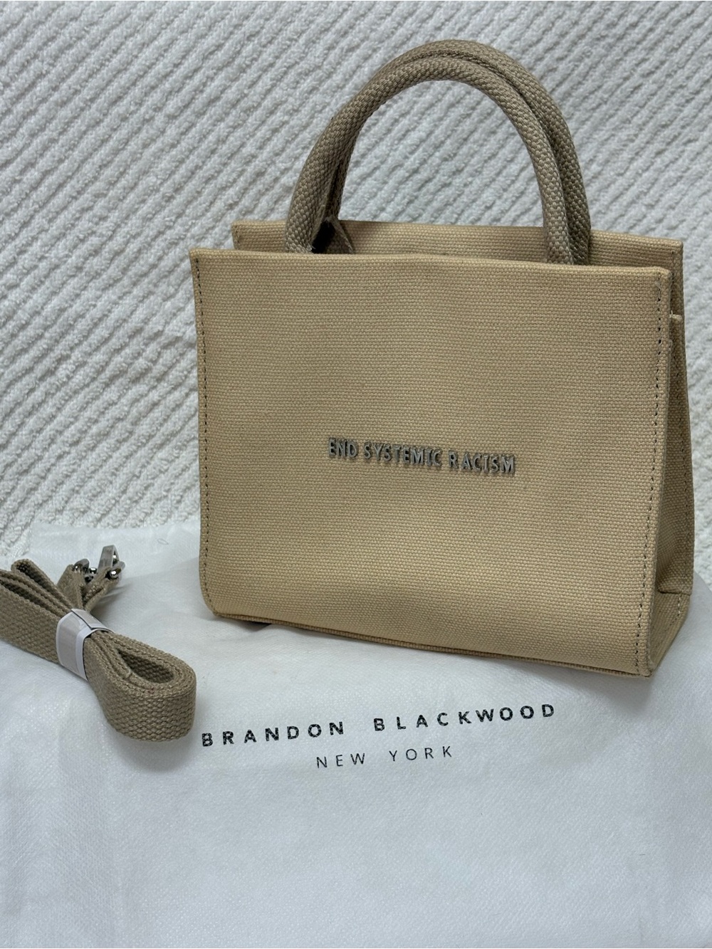 Brandon Blackwood Beige Canvas Mini Tote with Removable Strap